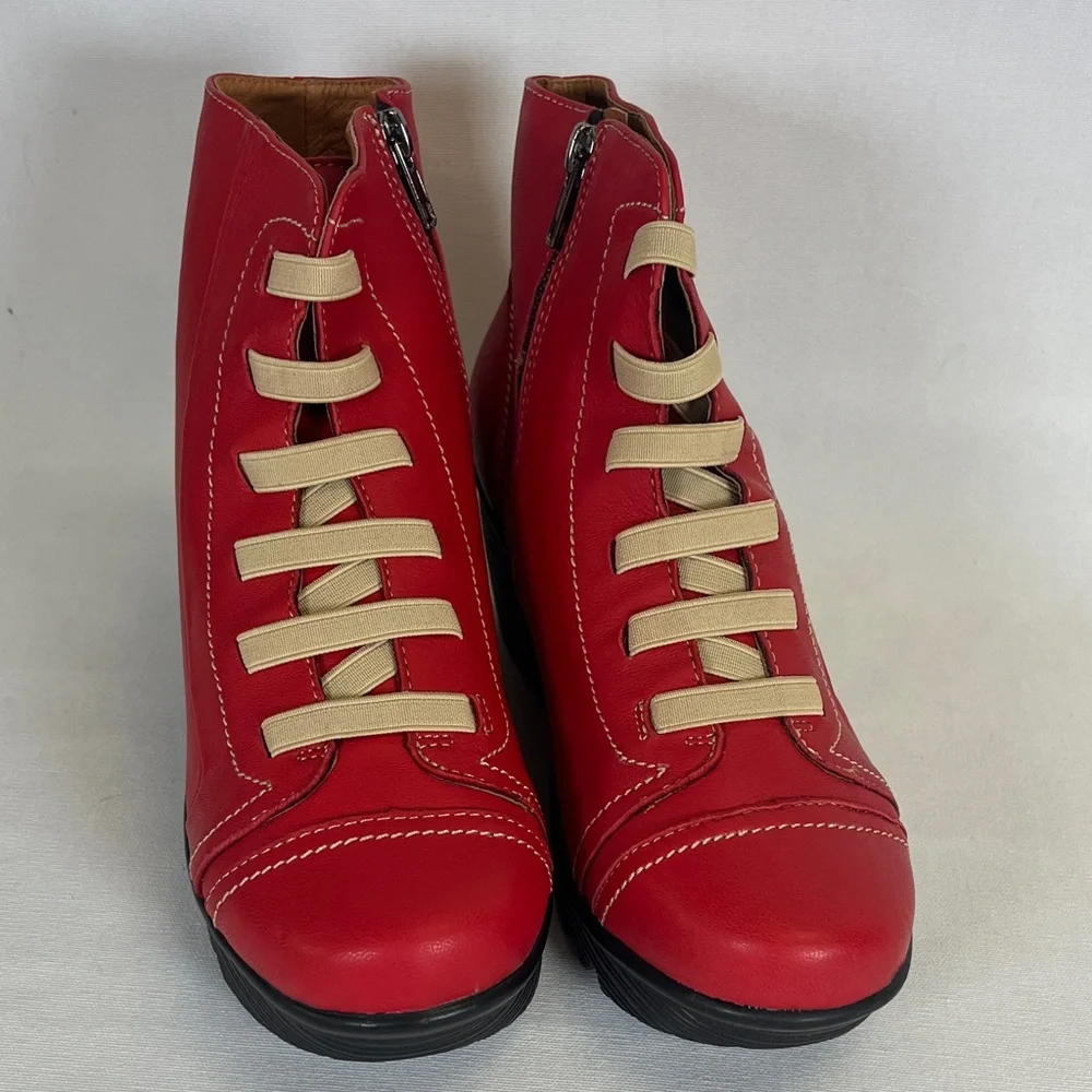 Bernie Mev Red Leather High-Rise Wedge Ankle Boots Size 39 US 8 NWOB